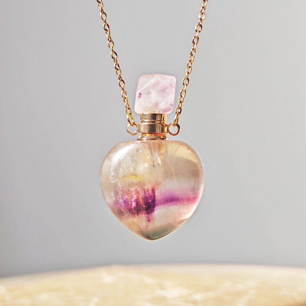 Collar Botella Mágica – Fluorita Arcoíris & Acero Inox. Dorado - Mystical Tienda