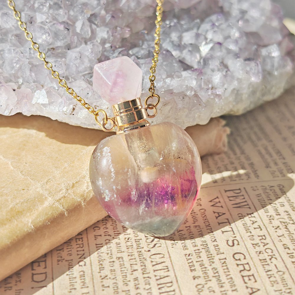 Collar Botella Mágica – Fluorita Arcoíris & Acero Inox. Dorado - Mystical Tienda