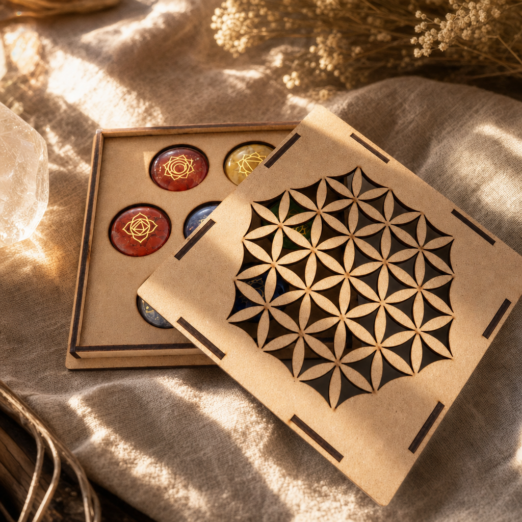 Kit 7 Chakras + Cajita de Madera Grabada con Flor de la Vida