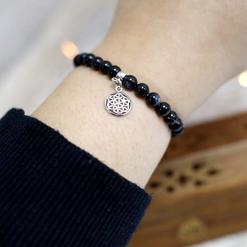 Pulsera de Ágata Negra y Flor de la Vida en Plata de Ley - Mystical Tienda