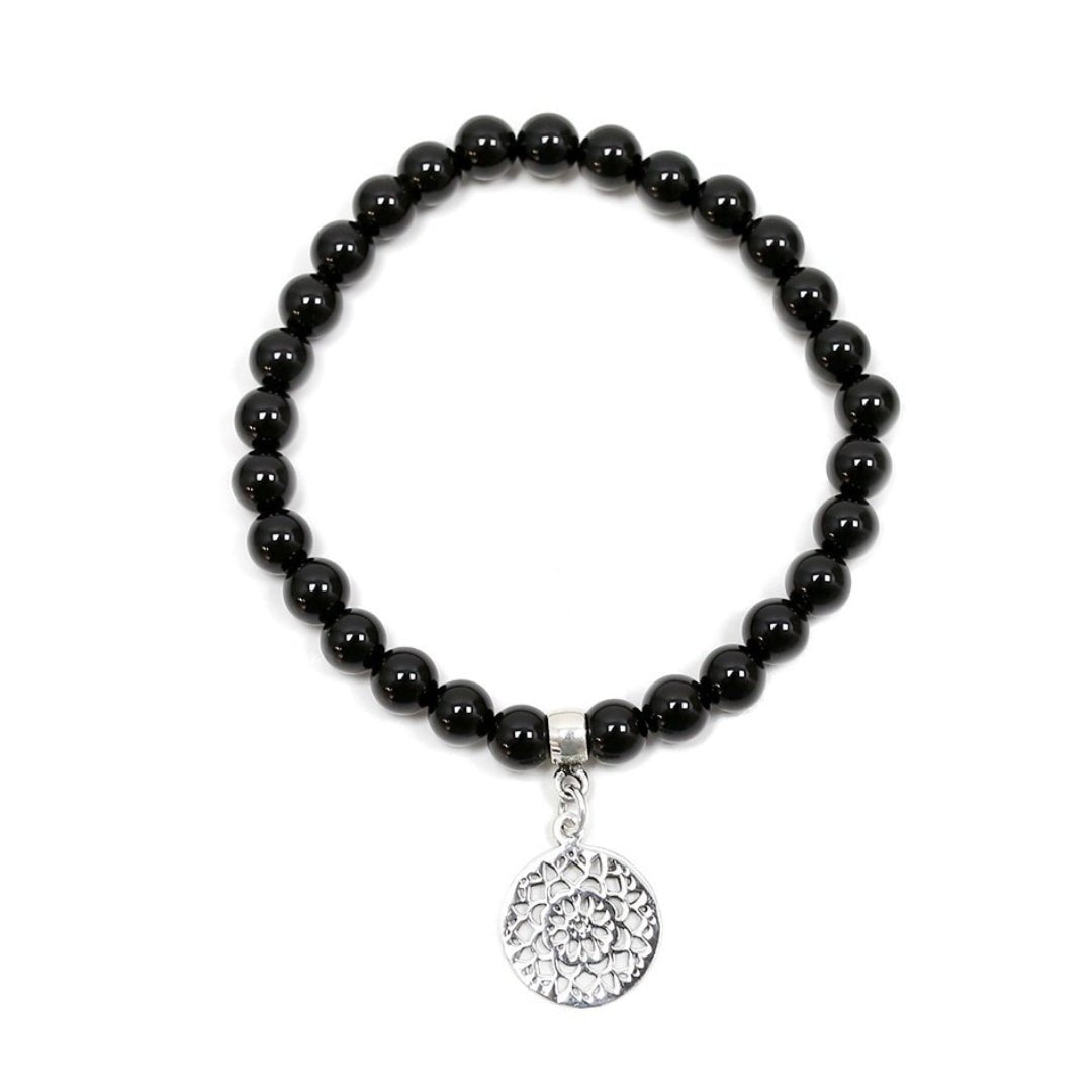 Pulsera de Ágata Negra y Flor de la Vida en Plata de Ley - Mystical Tienda