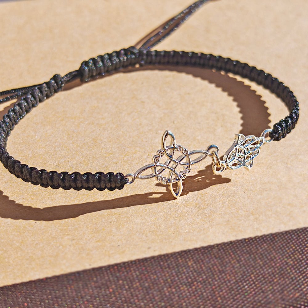 Pulsera Macramé Mano de Fátima y Nudo de Bruja - Plata de ley 925 - Mystical Tienda