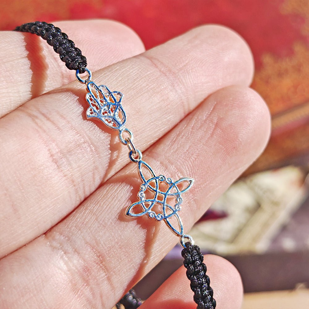 Pulsera Macramé Mano de Fátima y Nudo de Bruja - Plata de ley 925 - Mystical Tienda