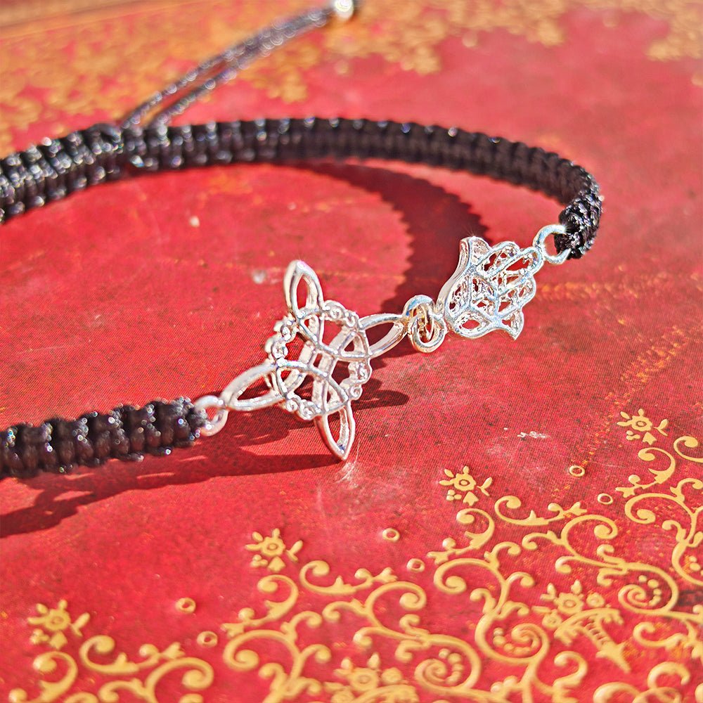 Pulsera Macramé Mano de Fátima y Nudo de Bruja - Plata de ley 925 - Mystical Tienda
