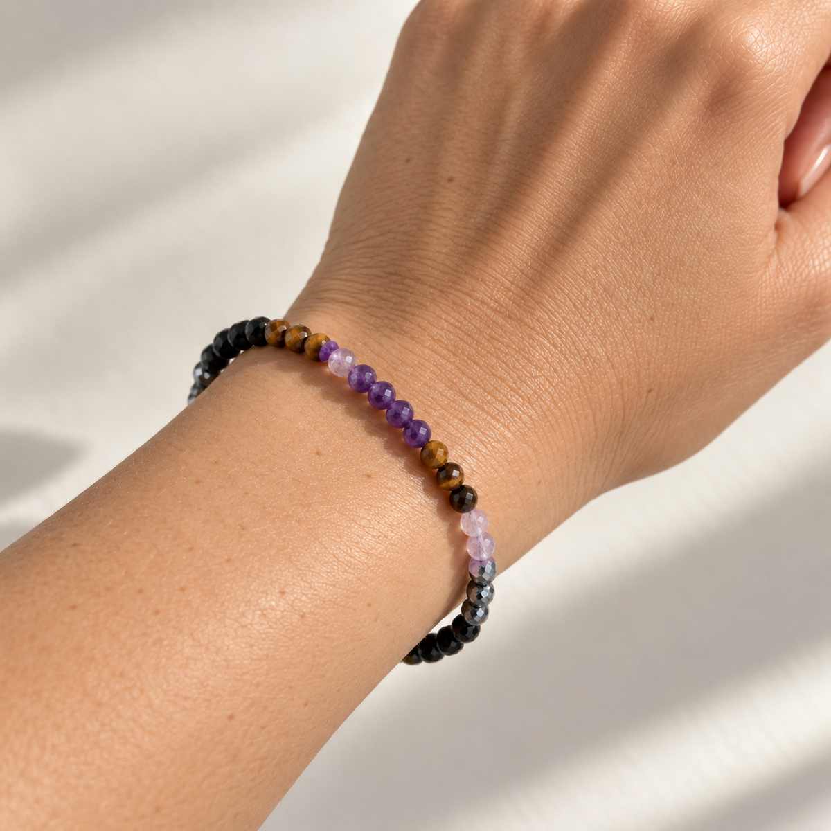 Pulsera “Contra Hechizo” Facetada - Turmalina, Ojo de tigre, Amatista y Labradorita
